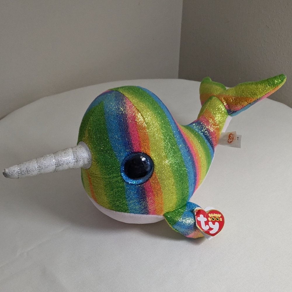Nori Norwhal Ty Beanie Boo's 13" Plush Whale Toy Sparkle Rainbow Pink Belly EUC
